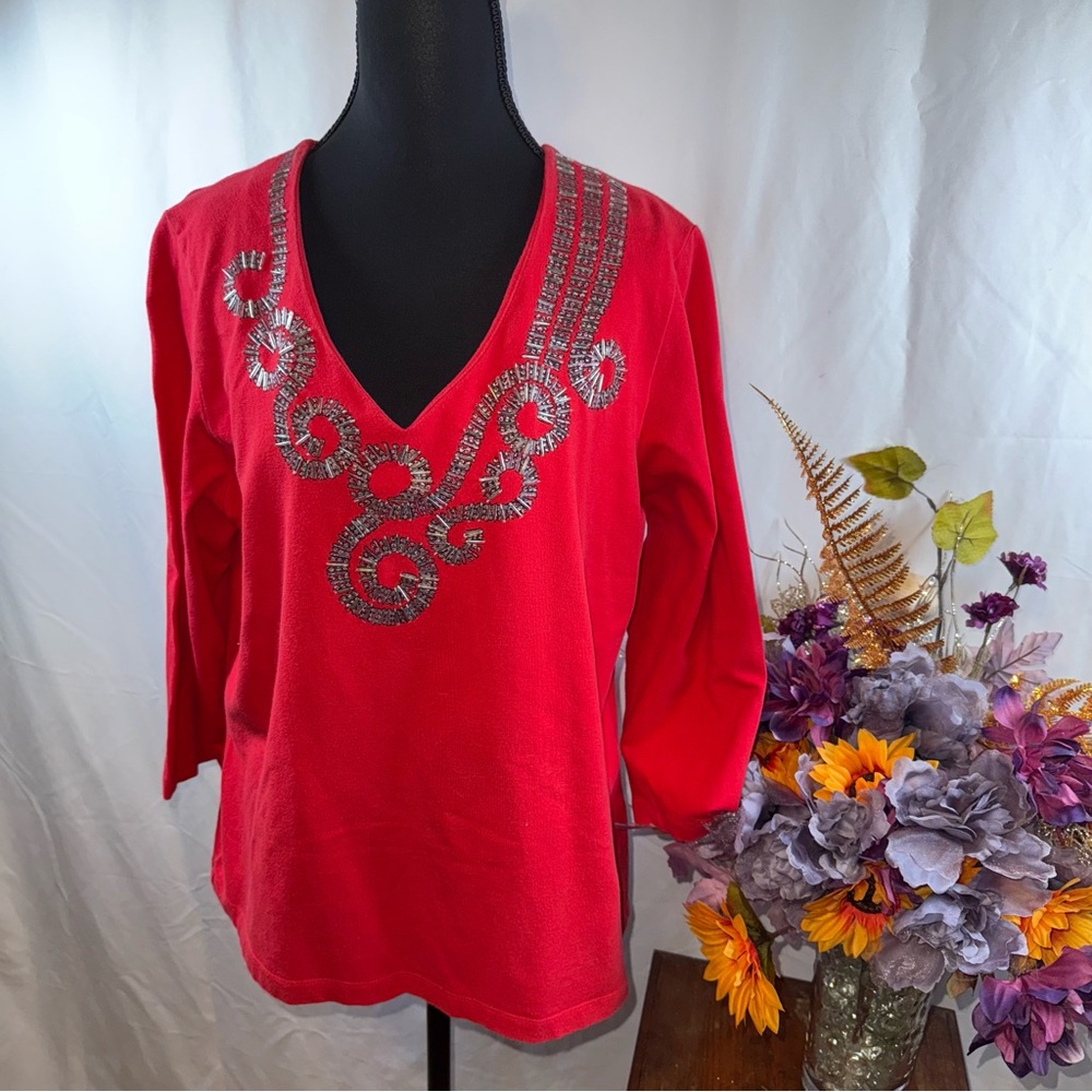 Ruby Rd Red Beaded V-Neck Knit Top 3/4 Sleeve Holiday Dressy
